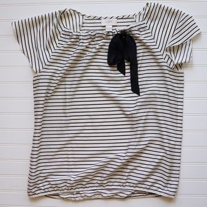 Loft M Blouse Black Bow and Stripes Capped Sleeve